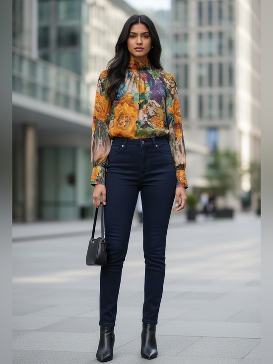 Tops - Floral Puff-Sleeve High-Neck Blouse in Multi